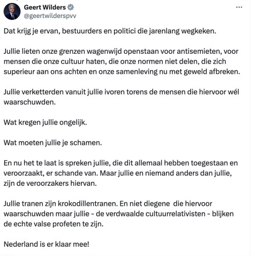 Bericht van Wilders op X