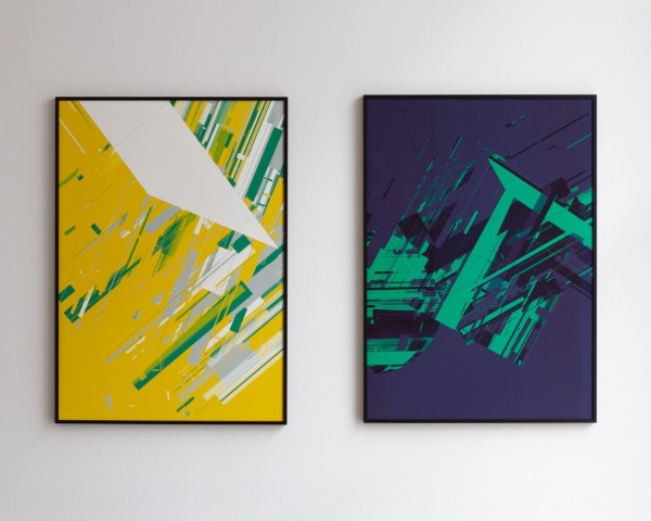 Two framed prints. Both showing abstract geometric compositions.