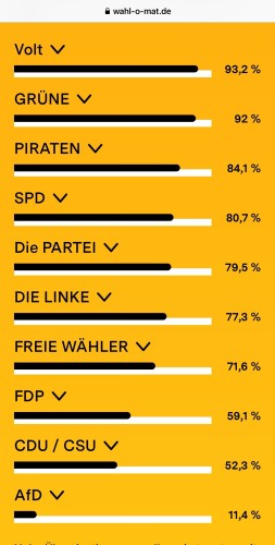Graphical representation of political party preference percentages, with a list of German political parties and associated percentage bars indicating the level of match with a user's preferences on a voting advice application. The background is yellow with a URL at the top.

Top three Volt, Grüne, Pirate 

Last CDU, AfD