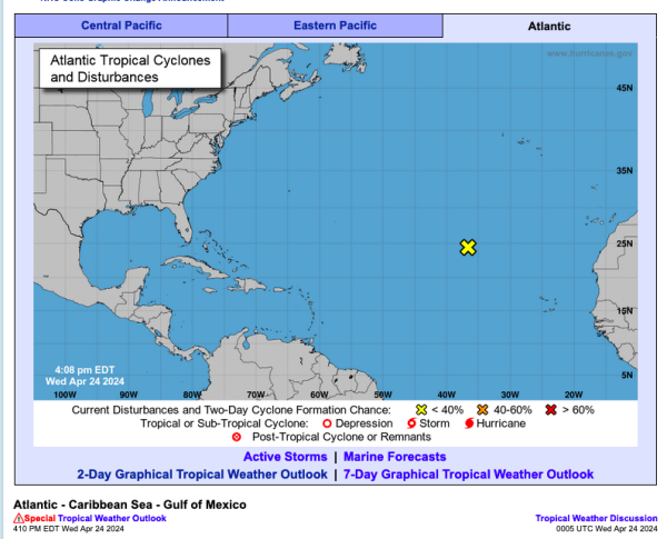 national weather service website screenshot showing a tropical Atlantic map indicating 10% chance of a tropical cyclone in the central tropical atlantic, April 24, 2024
