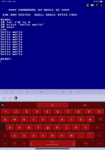 Zrzut ekranu emulatora Commodore 64 uruchamiającego prosty program BASIC wyświetlany na ekranie smartfona, z klawiaturą ekranową na dole. Program BASIC wielokrotnie wyświetla na ekranie napis "hello world".
