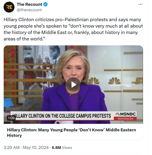 Post screenshot of hillary clinton whining about protestors not knowing anything about history