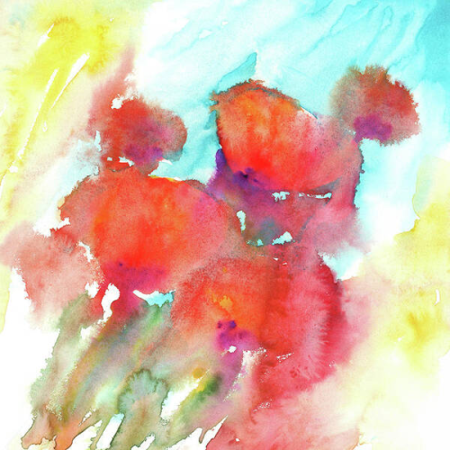 Windswept poppies is a watercolor painting in contemporary square format hand painted by artist Karen Kaspar. Several bright red poppies dance in the wind. The picture is painted with loose brush strokes. The red flowers and green stems are painted in a diagonal direction against an abstract background. The background in shades of blue and yellow suggests a blue sky over a summer garden.
