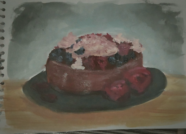 An attempt on making a chocolate cheesecake painting. It has cheesecake icing on top of a chocolate crust, with some blueberries and raspberries for its toppings. It has two decorative red roses and two petals.
The cheesecake is placed on a black round plate on a wooden table. The background is a light cool gray.