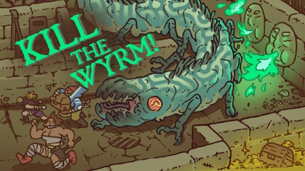 A cartoon style drawing of a great long wyrm--with many legs and orange eyes--chasing a group of adventurers that carry its treasure through a dungeon. Overlaid text: Kill the Wyrm!
