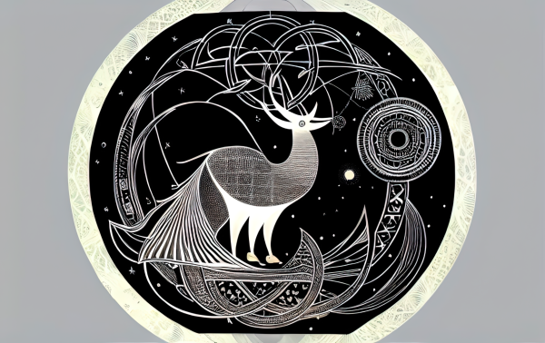 a stylized and geometrized illustration of a probably ungulate made of white linework in a starry black disk decorated with faux-kotwork curves