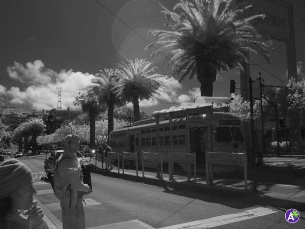 a black and white outdoor photograph. several people stand at a streetcar station as a 1960s-style trolley pulls up. in the middleground is a supermarket with a 1960s-style sign that reads "safeway." in the background, a city climbs the hills, reaching up to a large antenna structure on a hilltop. there are no animals in this picture.