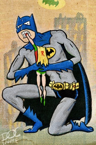 This drawing is a reference to "Saturn Devouring His Son", a famous painting by Francisco Goya. This version shows a large version of Batman, hunched over and eating Robin. Batman is holding a small version of Robin in his hands and biting on Robin's arm. The art is silly and in a retro comic book style with halftone colors and aged yellow paper. 