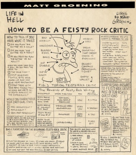 Matt Groening cartoon of "How to be a feisty rock critic" from his "Life in Hell" series, 1986.  From the period where his characters frequently had bunny ears and a prominent overbite.  In general, Matt puts rock critics at the bottom of the food chain.