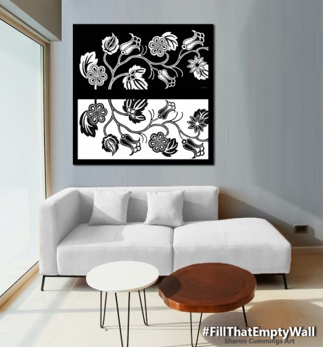 Black and white floral art in the inverse stacked on top of each other by artist Sharon Cummings.