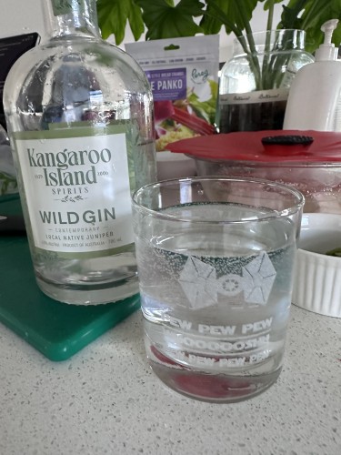 A bottle of Kangaroo Island Wild Gin with a glass of gin and tonic in the foreground. The glass has a Star Wars Tie Fighter etched in it with the words “PEW PEW PEW WOOOOOOOOOOOSH PEW PEW PEW”