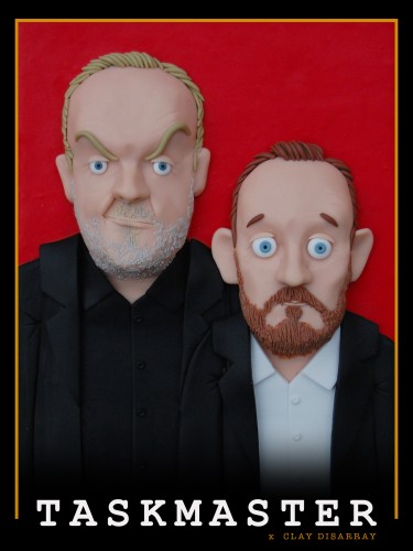 My poster for Taskmaster with my clay interpretations of Greg and Little Alex Horne 