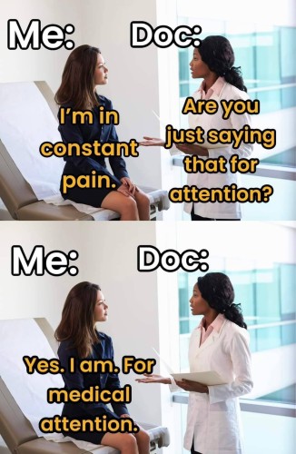 A 2 frame meme

1st frame: (Woman) "I'm in constant pain" (Doctor) "Are you just saying that for attention?"

2nd frame: (Woman to doctor) "Yes. I am. For medical attention"
