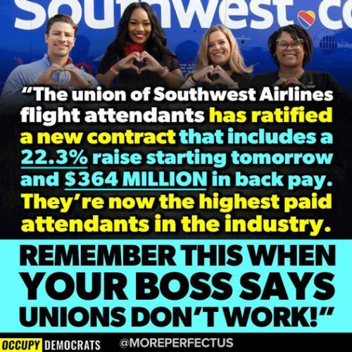 “The union of Southwest Airlines flight attendants has ratified a new contract that includes a 22.3% raise starting tomorrow and $364 MILLION in back pay. They’re now the highest paid attendants in the industry. REMEMBER THIS WHEN UNIONS DON'T WORK!"”

@MOREPERFECTUS 