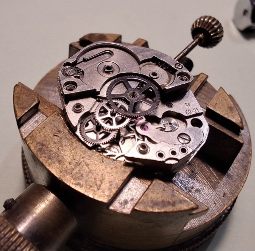 Mouvement de montre mécanique de petite taille en cours de remontage, fixé sur un porte-mouvement.