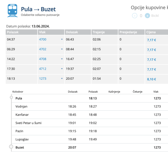 On HŽPP site: shows Pula - Buzet (border station) - screenshot