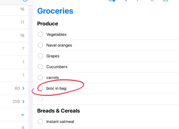 A groceries list in Apple Reminders showing various produce options and an entry labeled “broc in bag”.