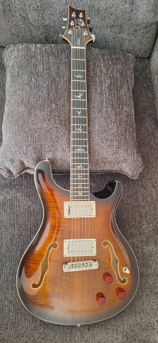 A guitar with two f-holes and a brown and black finish sitting on a pillow on a grey couch. The guitar has bird-shaped inlays on the black fretboard.

Model: PRS SE Hollowbody II Piezo Electric Guitar Black Gold Burst