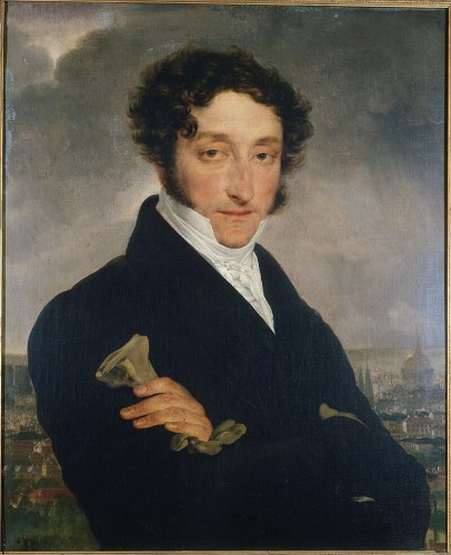 Portrait of a man, formerly identified as Charles Nodier (1780-1877), man of letters.

A painting of Charles Nodier with a cane, showcasing elegance and strength in his posture and attire.