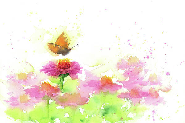 Butterfly and Pink Zinnias is a watercolor painting in landscape format painted by the artist Karen Kaspar. In a summer garden, Zinnias blossom in bright pink. While the flowers and the green leaves are mainly depicted abstractly, one Zinnia blossom is more realistically worked out. An orange butterfly approaches this blossom. The picture is painted in a loose fresh style.