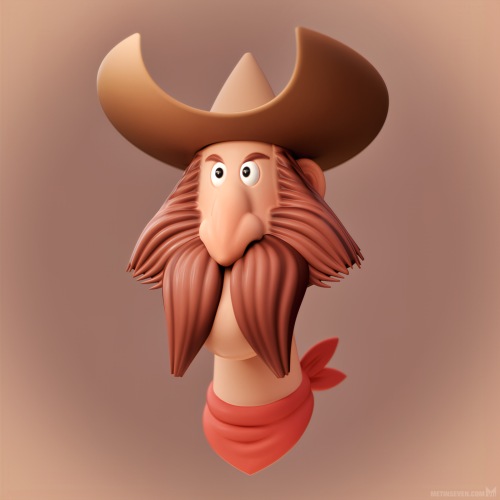 Cartoon-style 3D portrait of a cowboy with a huge moustache and large hat.