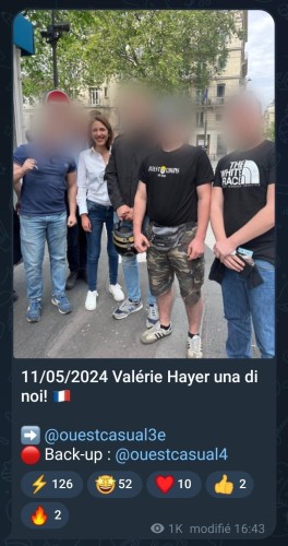 capture d’écran d’une chaîne Telegram neonazi: Valérie Hayer pose tout sourire avec des militants neonazis ce dimanche à Paris dont un arbore un tee shirt « White race » 