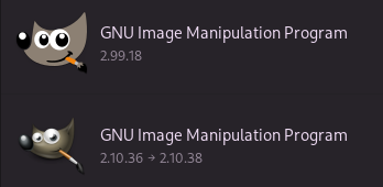 Flatpak entries for the new and old versions of the GNU Image Manipulation Program. The new one showcases a flat logo with a disturbing gaze
