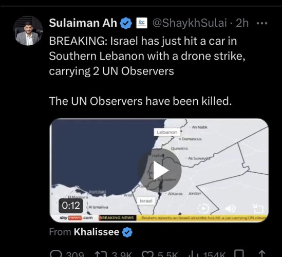 Twitter post informing Israel targeted and killed 2 UN representatives in southern Lebanon