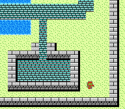 Goblin sprite in 8-bit town map with stone walls.