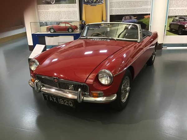 Red ‘chrome bumper’ MGB roadster, front quarter view