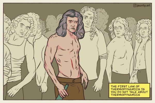 I have illustrated the Fight Club scene with Isaac Newton, Edmund Halley, Gottfried Leibniz, Robert Hooke, and John Flamateed. Text reads “The First Law Of Thermodynamics Is You Do Not Talk About Thermodynamics.”