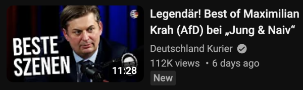 Screenshot von Youtube mit dem Titel: Legendaer! Best of Maximilian Krah (AfD) bei "Jung & Naiv"