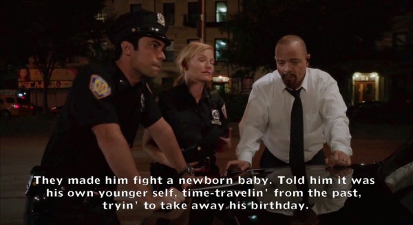 This is a still from one of those crime procedural, the one with Iced T, with the text:

They made him fight a newborn baby. Told himit was his own younger self time-travelin’ from the past tryin’ to take away his birthday