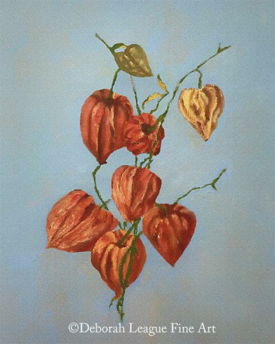 Chinese Lantern Plant. The focal point of the painting is a branch of the Chinese lantern plant. The branch is adorned with vibrant orange lantern-shaped pods and gracefully extends down the canvas, creating a sense of movement and organic flow.