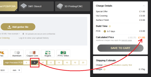 screenshot of the JLCPCB Advanced PCBA quote page showing £1.60 special offer cost for five 8-layer boards.