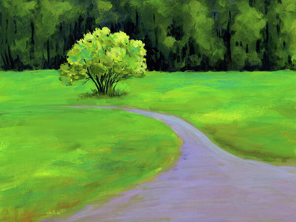 Road amidst the greenery is an acrylic painting in landscape format painted by the artist Karen Kaspar. A narrow winding road leads through a landscape of fresh green meadows. The road leads the viewer's eye to the focal point of the painting, a small group of trees with fresh green foliage standing at the side of the road. In the background is a forest with trees in dark shades of green. There are no people to be seen, everything is quiet and peaceful. Enjoy the silence and peace and listen to the birds singing.
The inspiration for this acrylic painting came from my walks through the beautiful landscape in Hohenlohe in the south of Germany.