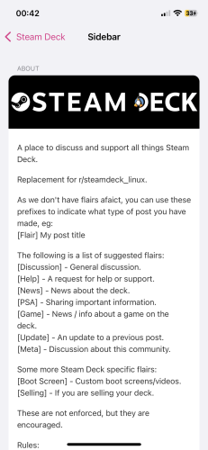The sidebar for the Steam Deck community on Lemmy