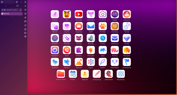 A computer desktop screen showcasing a colorful array of app icons in a grid layout against a gradient pink and purple background.