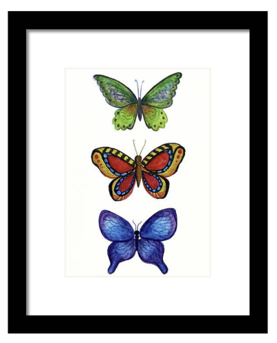Three Colorful Butterflies watercolor painting. Green, red and blue insects with open wings and alert antennas line up in a horizontal row down the canvas. Pretty wall art and perfect on items of home decor.