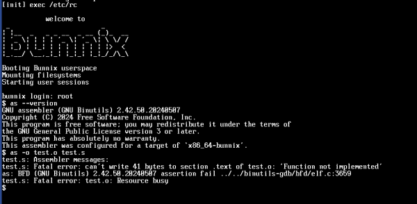Screenshot of GNU as running (and erroring out) on Bunnix
