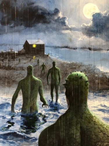 Green bipedal creatures emerge from the water on a rain-swept, moonlit night. They approach a small hut, where a single light burns inside.