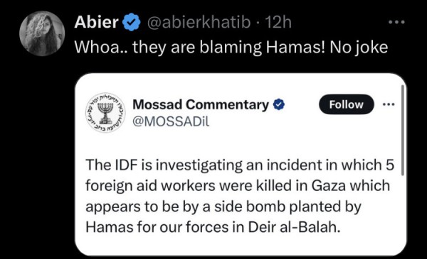 Mossad tweet saying Hamas bombed world central kitchen