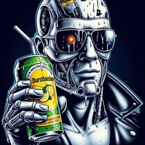 AI-generated image of a sweaty (?) Terminator, with sunglasses and red laser eye, holding up a green yellow can of "Durstloisher", looking to the camera just like in one of these exaggerated tv ads from the 90s