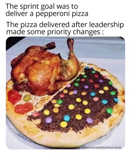 Caption: The sprint goal was to deliver a pepperoni pizza. The pizza delivered after leadership made some changes:

Photo of a pizza where only a small slice has pepperoni. Half the pizza is covered in chocolate, sprinkles, and candy. The rest of the pizza is topped with an entire oven roasted chicken. 