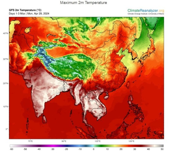 Karte der maximalen Lufttemperaturen in Indien und Südostasien in den nächsten 3 Tagen. Viele graue bis weiße Flächen mit Temperaturen über 45°C.