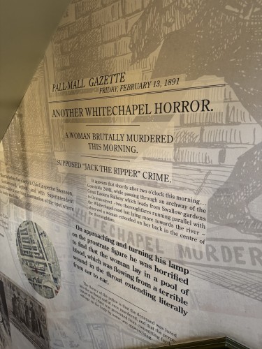 An angled photograph of a historical newspaper heading from the "Pall Mall Gazette," dated Friday, February 13, 1891, detailing a Whitechapel murder.