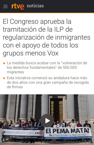Captura de pantalla de la web de rtve que dice: El Congreso aprueba la tramitación de la ILP de regularización de inmigrantes con el apoyo de todos los grupos menos Vox