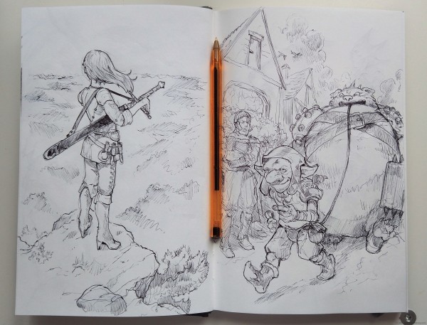 Photo of a double page from my sketchbook: in the middle a Bic ballpoint thin, on the left page: a top-down view of a female warrior with all the gear and an unusual way of carrying a sword, she turns back to the camera and looks at the horizon, over a suggested forest. On the right side, a goblin in the foreground walks through a crowd of a village with a large creature on a leash that looks like an armored cartoon bear.