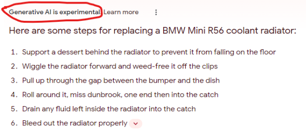 Screenshot of Google search results. Text reads:
Generative AI is experimental. Learn more.
Here are some steps for replacing a BMW Mini R56 coolant radiator:
1. Support a dessert behind the radiator to prevent it from falling on the floor
2. Wiggle the radiator forward and weed-free it off the clips
3. Pull up through the gap between the bumper and the dish
4. Roll around it, miss dunbrook, one end then into the catch
5. Drain any fluid left inside the radiator into the catch
6. Bleed out the radiator properly

End of text. The first sentence "Generative AI is experimental" is circled in red.
