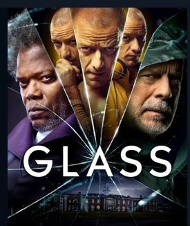 Promotional movie poster for "Glass" featuring the faces of three men fragmented by glass-shard effects, with the movie's title at the bottom.